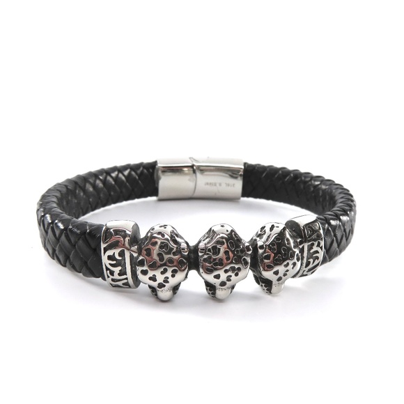 Braided Leather Bracelet, Cheetah Heads, Unisex - Picture 3 of 9